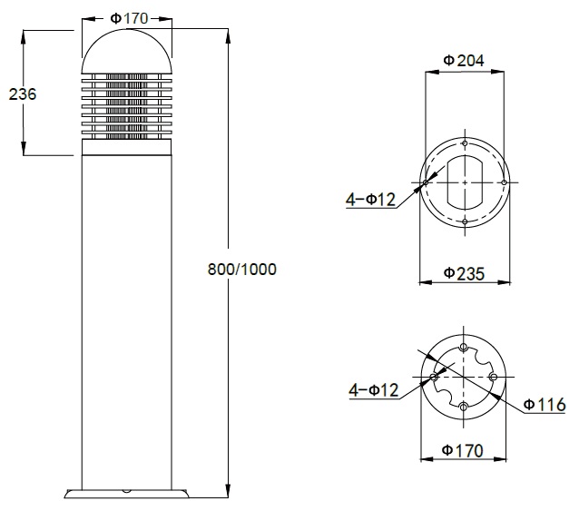 Round Column Bollard Light with Internal Anti-Glare Vanes